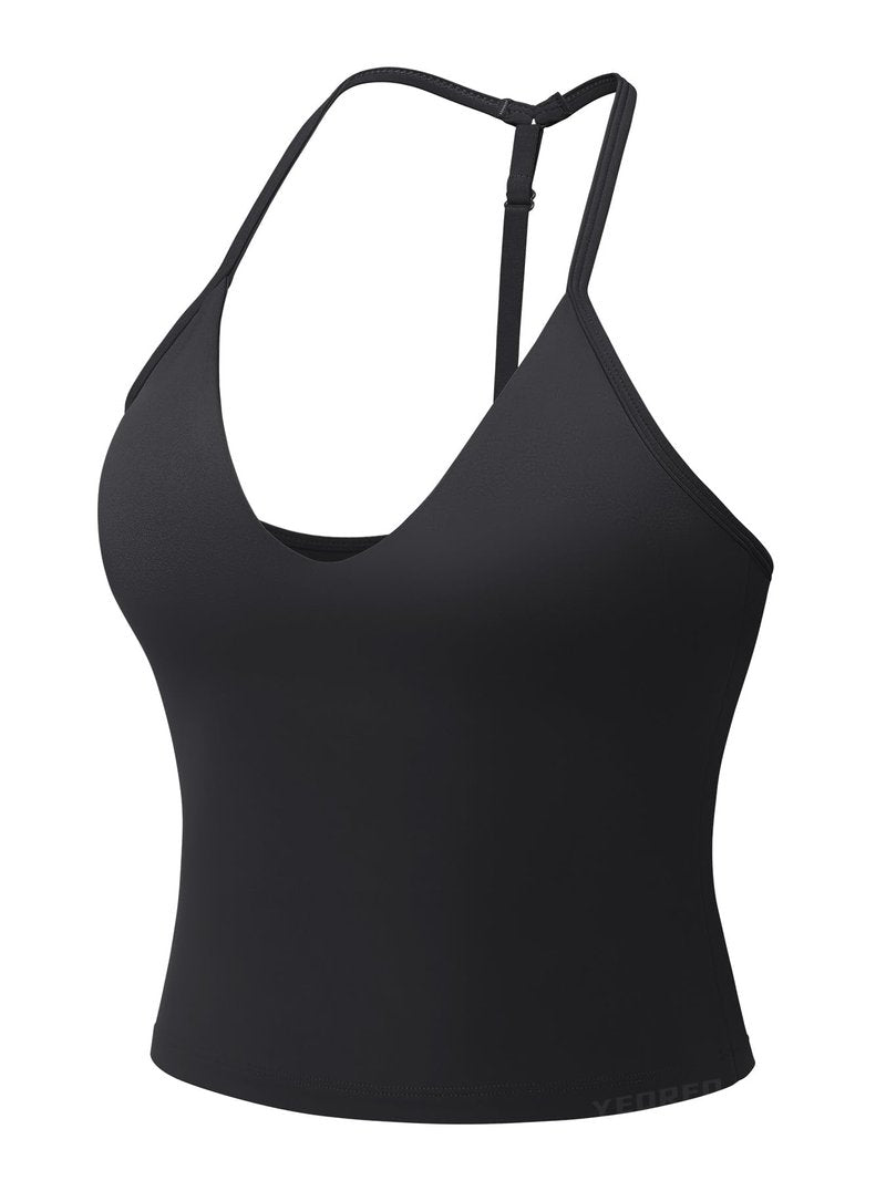 YEOREO CoreFlex Women's Impact Halter Tank Top Strappy Padded Open Back Deep V Neck Built-in Bra Workout Gym Crop Tops Black S