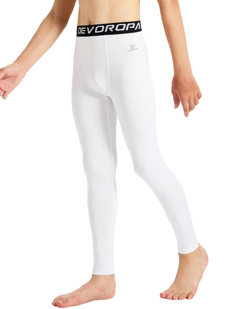 DEVOROPA Boys Leggings Quick Dry Youth Compression Pants Sports Tights Basketball Base Layer White XS