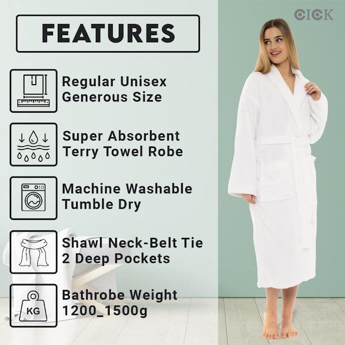 CICK Towelling Bath Robe Premium Quality Bathrobes for Women Highly Absorbent 100% Cotton Shawl Design for Men & Women for Loungewear (UK, Alpha, S, M, Regular, Regular, White)