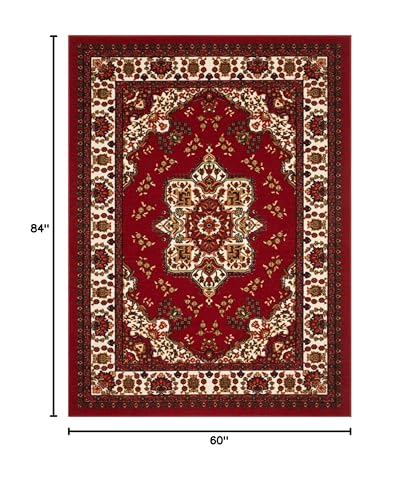 Antep Rugs Alfombras Oriental Traditional 5x7 Non-Skid (Non-Slip) Low Profile Pile Rubber Backing Indoor Area Rugs (Maroon, 5' x 7')