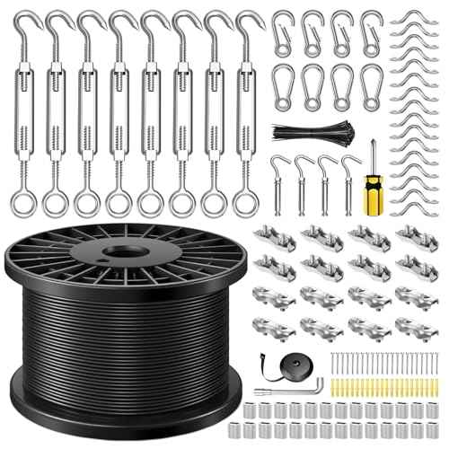 String Light Hanging Kit with 500FT Vinyl Coated Stainless Steel 304 Wire Rope Suspension Kit Included Enough Accessories with Turnbuckles and Hooks for Patio, Garden and Wedding Lighting