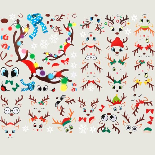Christmas Reindeer Face Stickers for Crafts, 52 Pcs Christmas Vinyl Reindeer Face Decals for Wall Window Cling DIY Art Door Refrigerator Ornaments Glass Cup Water Bottles Christmas's Party Decorations