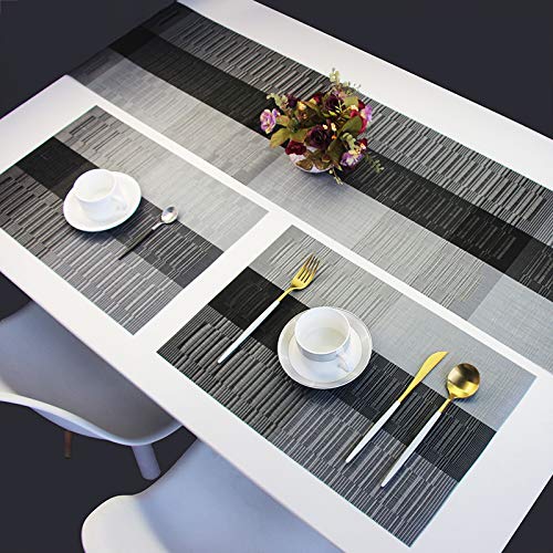 PIGCHCY Elegant Placemats with Matching Table Runner,Washable Vinyl Woven Table Mats Sets(6pcs Placemats+1pcs Table Runner, Black)