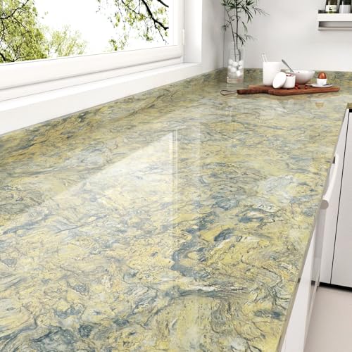 WESTICK Glossy Gold Marble Contact Paper for Countertops 15.8"x80" Yellow Marble Vinyl Wallpaper Peel and Stick Waterproof Granite Countertop Contact Paper for Tables Dresser Bathroom Sink Cabinets
