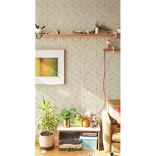 Geometric Wallpaper Peel and Stick Wallpaper Removable Self Adhesive Wall paper White/Gold Striped Hexagon Contact Paper for Cabinets Shelf Drawer Liner Renter Friendly Vinyl Roll 17.7"x118.1" Upgrade