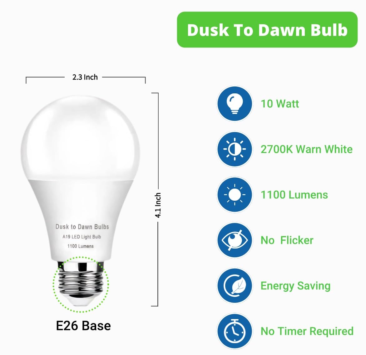 4-Pack Dusk to Dawn LED Light Bulbs, 75W Equivalent, Daylight 5000K 1,100LM, Automatic On/Off Outdoor Light, E26 A19 10W Bright Porch Light Bulbs, for Indoor/Outdoor Yard Patio Garage Garden