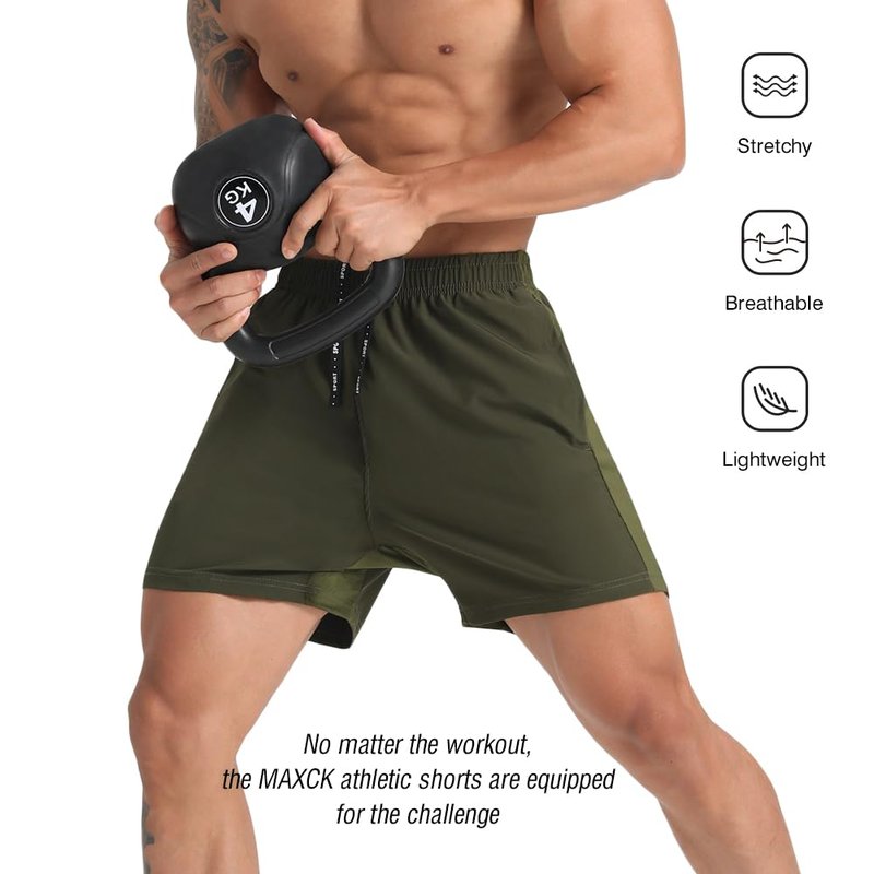 MAXCK 2 Pack Mens Lightweight Athletic Running Shorts 5'' Quick Dry Gym Workout Shorts with Zipper Pockets Black/Green,Large