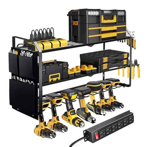 27" W Garage Tool Organizer Wall Mount with Charging Station - 7 Drill Holder, 3-Layer Drill Holder Rack for Workshop, Cordless Tool Organizer with Screwdriver Holder- Gift for Dad, Men (Black)