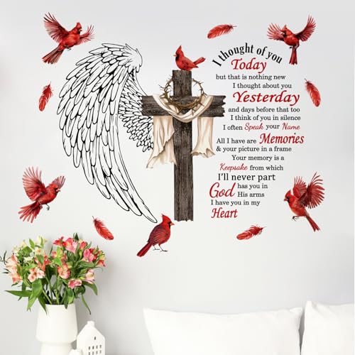 Yovkky Christian Cardinal Memorial Wall Decals Stickers, Religious Cross Wings Home Bedroom Decor, Holy Bible Quote Living Room Kitchen Decorations Art
