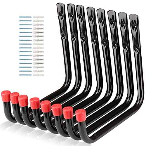 8 Pack Wall Mount Storage Hooks, 9.6IN Garage Utility Hanger for Ladder, Hold Chairs, Garden Tool, Hose, Bike Black +Red 9.6Inch x 8.8Inch