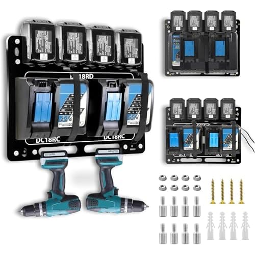 Battery Holder for Makita, Wall Mount for Makita DC18RC DC18RD Chargers, Suitable for Makita Battery Charger 14.4V/18V Batteries and 2 Drilling Screwdrivers, Storage in The Workshop and Garage
