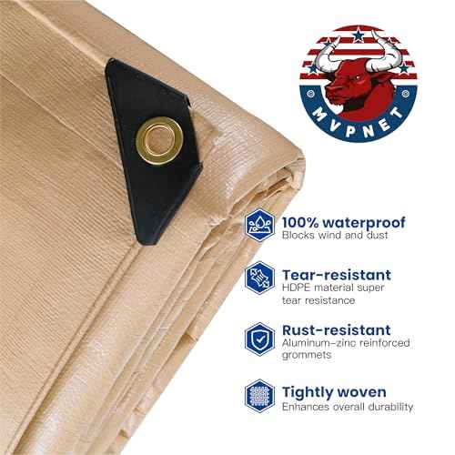 Tarp 12x20 Heavy Duty Waterproof Beige Tarp 12.5mil,Durable,Multipurpose, Weather Resistant,Uv Resistant,Tear Resistant,Can Be Used for Outdoor Furniture,Cars,Ships,Roofs-by MVPNET