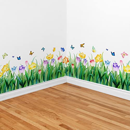 Green Grass Wall Corner Stickers Wildflower Butterflies Baseboard Skirting Line Wall Decals Bedroom Living Room Dining Room