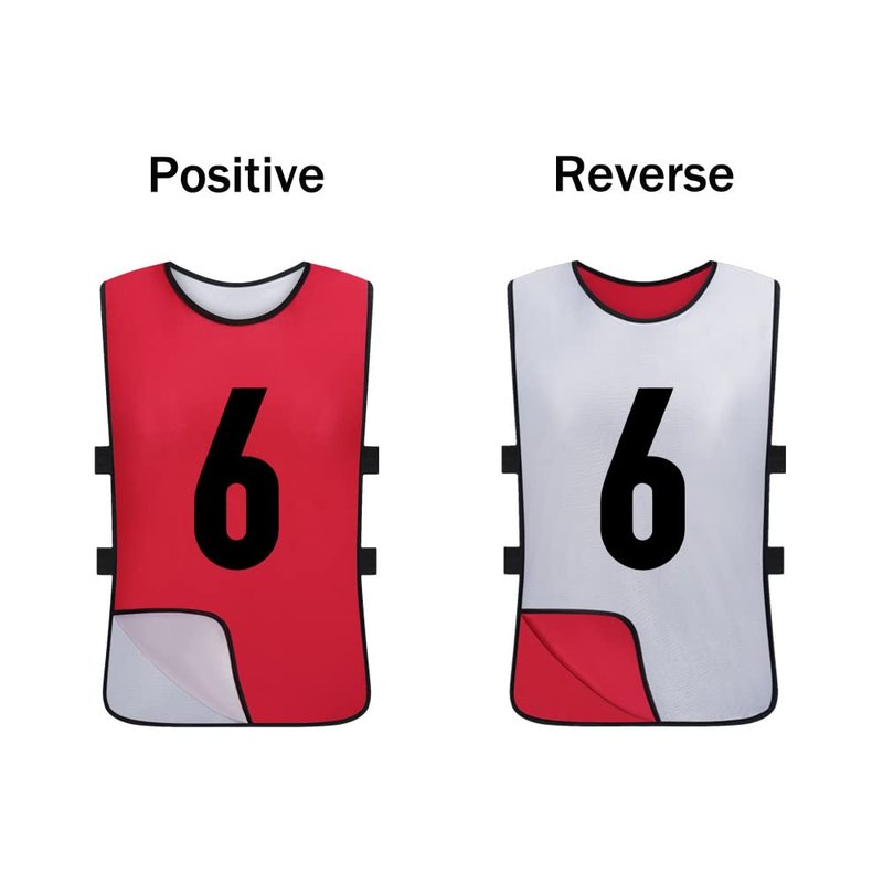 Saaifuu 12 Pack Reversible Numbered Pinnies, Double Sided Scrimmage Vest,Team Practice Jerseys for Kids and Adult(White/Red, XL)