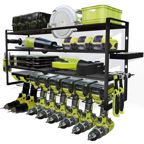 Power Tool Organizer Wall Mount ? Metal Cordless Drill Storage Rack with 8 Slots, 4-Tier Adjustable Shelf for Garage, Workshop & Shed Black