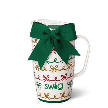 Swig Life 18oz Travel Mug, Insulated Tumbler with Handle and Lid, Travel Coffee Mug, Cup Holder Friendly, Stainless Steel 18 oz Tumbler, Reusable Insulated with Lid (Christmas Bows)