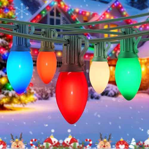50FT C9 Christmas Lights Outdoor, Multicolor Vintage Christmas Lights String with 50 Multi-Color Ceramic Bulbs, Outdoor String Light for Home Party Patio Holiday Indoor Decor, 7W, E17 Base