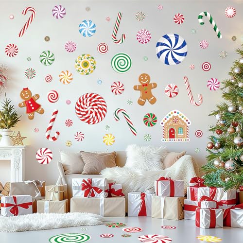 Christmas Candy Wall Decals, 8 Sheet Christmas Decorations Wall Stickers Peppermint Candy Cane Gingerbread Decals for Walls for Candyland Xmas Decoration