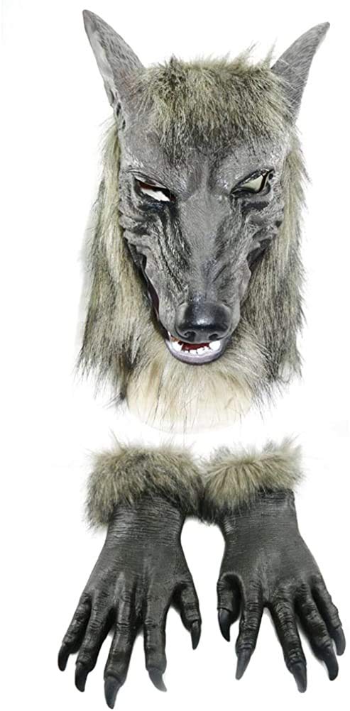 Odowalker Halloween Werewolf Costume Wolf Claws Gloves and Head Mask for Cosplay Costume Man Women Unisex Halloween Dress Up Parties (Both of them)