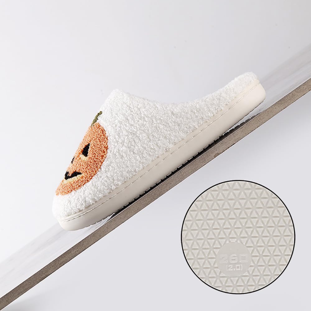 HIPINISS Halloween Pumpkin Slippers for Women Men Halloween Spooky Lantern Pumpkin Plush Warm Slippers Indoor Outdoor Memory Foam House Home Winter Shoes,Pumpkin White 43-44