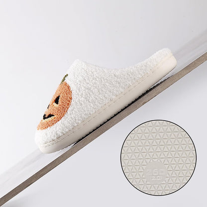 HIPINISS Halloween Pumpkin Slippers for Women Men Halloween Spooky Lantern Pumpkin Plush Warm Slippers Indoor Outdoor Memory Foam House Home Winter Shoes,Pumpkin White 43-44