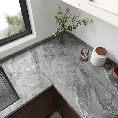 VaryPaper 15.7''x78.7'' Glossy Silver Grey Marble Contact Paper for Countertops Waterproof Peel and Stick Wallpaper Marble Vinyl Wrap for Cabinets Table Desk Removable Self Adhesive Granite Wall Paper