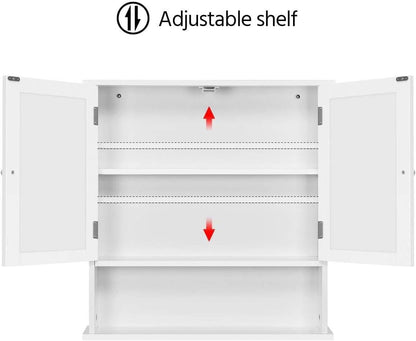 Yaheetech Modern Bathroom Mirror Cabinets, Wall Mount Storage Cabinet with Adjustable Shelf, Double Door Cupboard, White, 56 x 13 x 58 cm