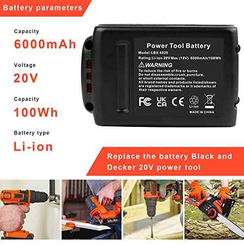 ARyee LB2X4020 6.0Ah 20V Lithium Battery for Black and Decker 20Volt Max LBXR20 LB20 LBX20 LBXR2020 LBX4020 LB2X4020-OPE LBXR20-OPE LBX4020 LST220 Cordless Power Drill Tools (2pcs 20V 6Ah Battery)