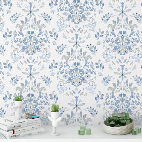 Wallpaper Peel and Stick Wallpaper for Home Decoration Kitchen Blue Wild Flower Removable Vinyl Self Adhesive Shelf Paper & Drawer Liner Roll House, Workshop & Office 17.3" x 118" TH8098-3