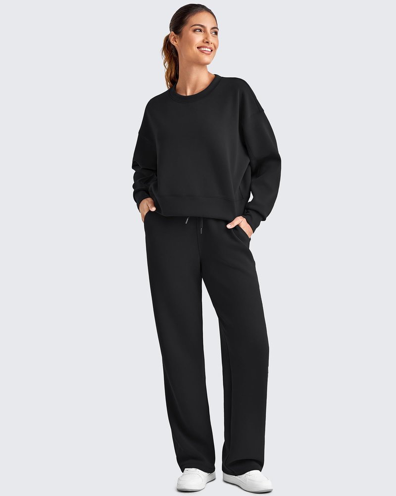 G4Free Trousers Pants for Women Wide Leg Sweatpants Mid Rise Drawstring Pull on Casual Relaxed Fit Lounge Pants with Pockets(Black,L,Regular)