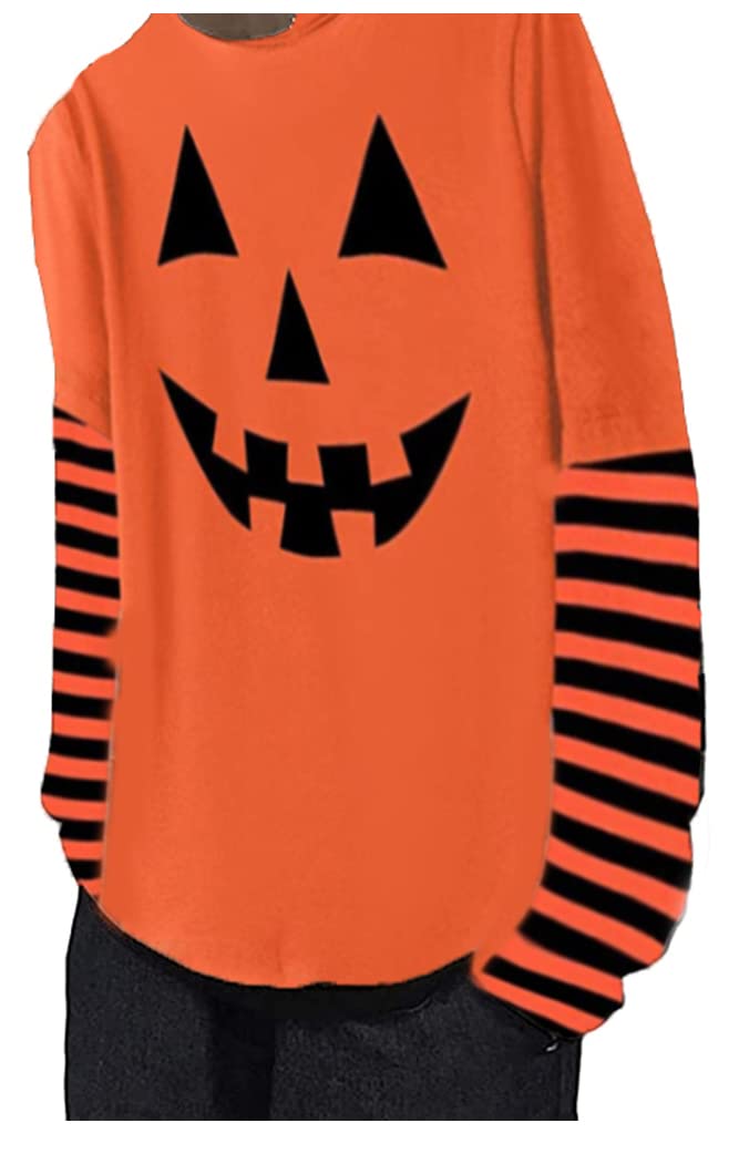 Chvity Womens Long Sleeve Halloween Shirts Funny Pumpkin Smile Face Causal Oversized Stripe Shirt(O,L)