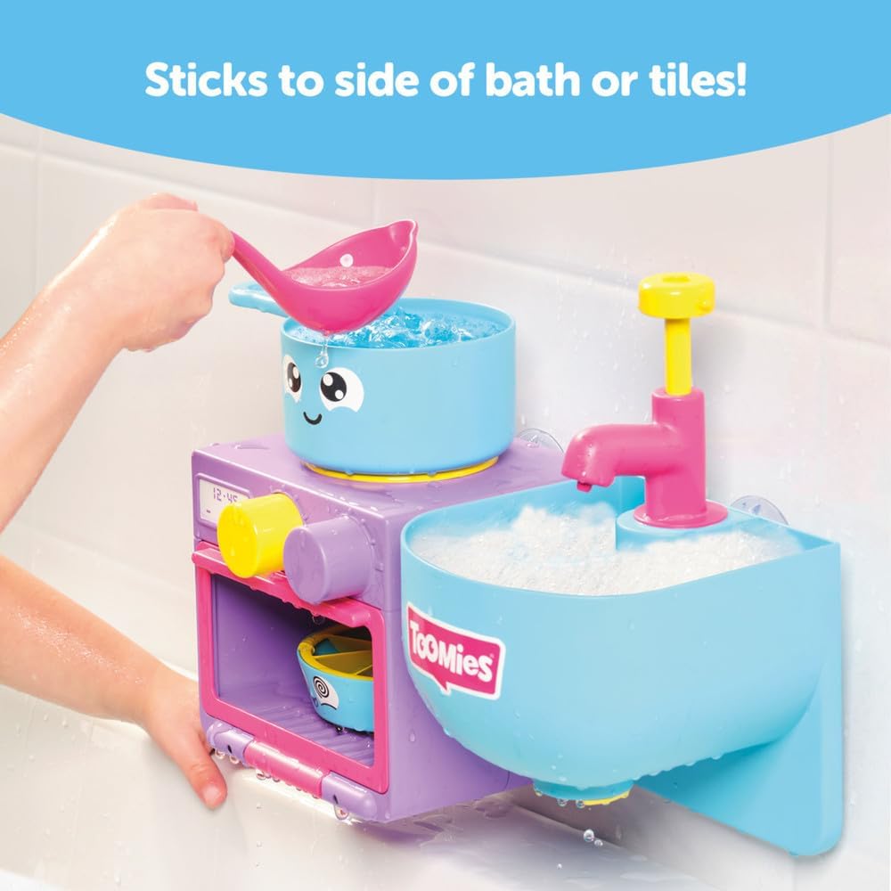 Toomies E73264 Bubble & Bake Bathtime, Bath Toddlers, Kitchen Themed Bubble Making Toy, 2 in 1 Set, Kids Water Play Suitable for 18 M & 2 3 & 4 Year Old Boys & Girls, Multicoloured, 21 X 28 X 15 cm