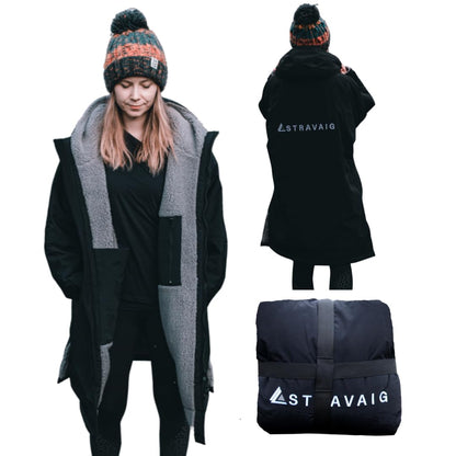 Adult Waterproof Changing Robe Super Soft Fleece Lining-Windproof, Waterproof to 10,000mm Oversized Coat for Changing Swimming and Watersports. With Compression Straps (Medium, Black)