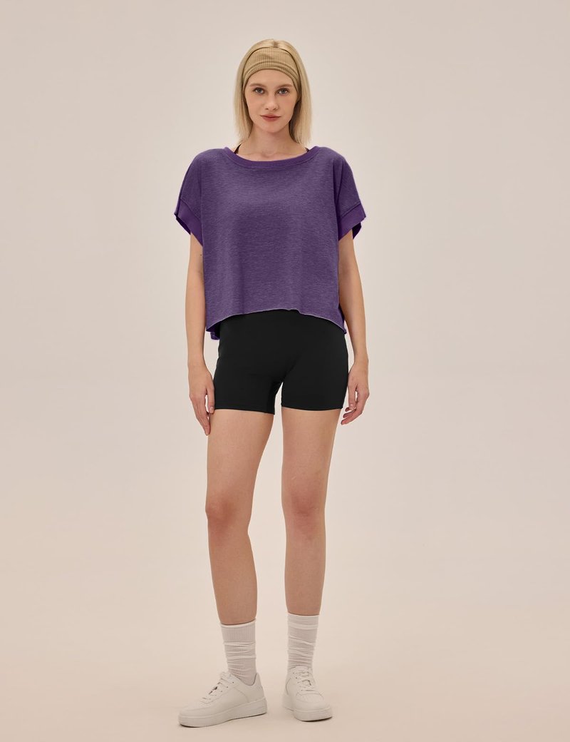 UNIANKIYA Open Back Workout Tops for Women Loose Fit Athletic Crop Tee Short Sleeve Gym Running Yoga Shirt Dark Purple