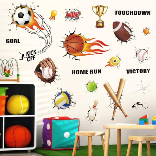 wondever Sport Balls Wall Decals 3D Break Through The Wall Peel and Stick Wall Art Stickers for Boys Playroom Bedroom Classroom