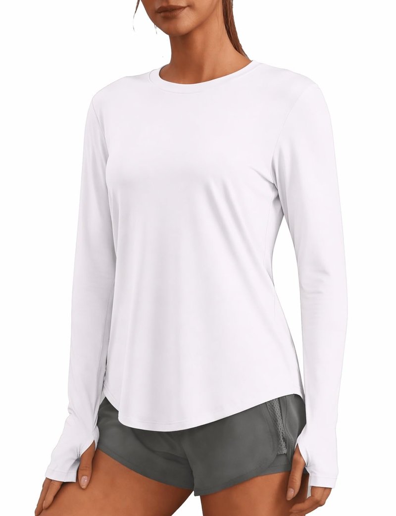 PINSPARK Long Sleeve Workout Tops for Women Soft UV Protection Shirts with Thumb Holes Rash Guard Garden Hiking Gym Running Shirts,White Medium