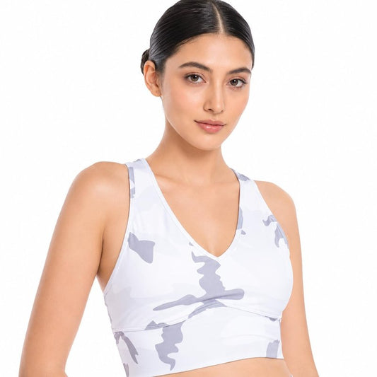 WAVRYN ACTIVE Women's Camo Sports Bra Top Medium Support Cross-Back Workout Bra for Gym, Yoga, Fitness - M, Grey-White