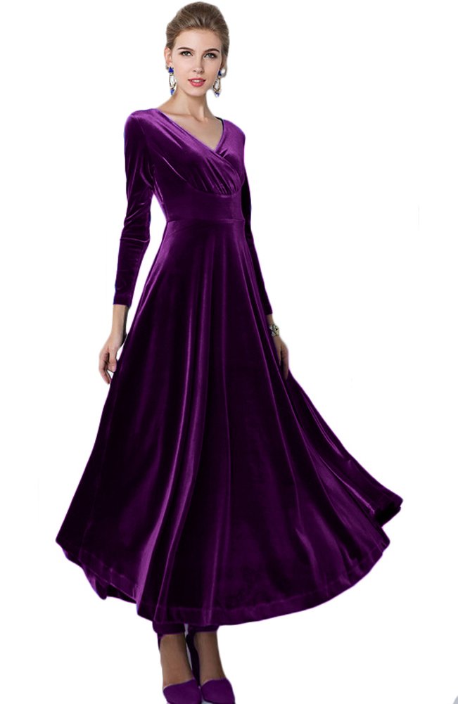 Urban CoCo Women Long Sleeve V-Neck Velvet Stretchy Long Dress (as1, Alpha, l, Regular, Regular, Purple)