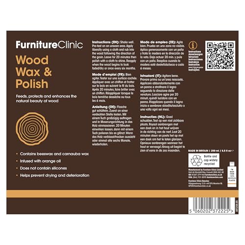Furniture Clinic Natural Wood Wax & Polish - Beeswax Polish for Wood With Added Orange Oil & Carnauba Wax - Clear Finish for Finished & Unfinished Wood - Polish For Furniture & More - 250ml
