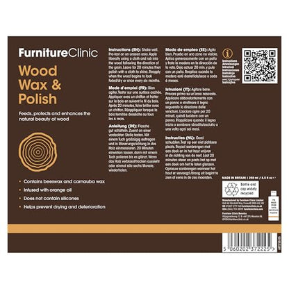 Furniture Clinic Natural Wood Wax & Polish - Beeswax Polish for Wood With Added Orange Oil & Carnauba Wax - Clear Finish for Finished & Unfinished Wood - Polish For Furniture & More - 250ml