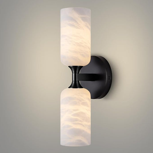 Alabaster Wall Sconce, 14in Modern Spanish Natural Marble Bathroom Vanity Sconces, Unique Indoor Black Wall Lighting Fixtures Decor for Bedroom Living Room Staircases