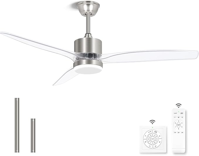 OKELI Clear Ceiling Fan with Light, 52 Inch Brushed Nickel Transparent Ceiling Fans with Light and Remote 3 Reversible Blade LED Ceiling Fan and Light Combo for Living Room, Bedroom, Patio