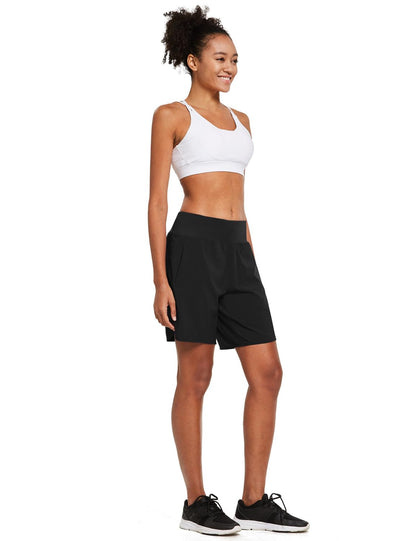 baleaf Womens' 7" Long Running Athletic Shorts Back Zipper Pocket Workout Gym Shorts Quick Dry High Waist with Liner Black Size L