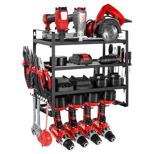 VEVOR Power Tool Organizer Wall Mount, 4-Layer Storage Rack with 4 Drill Holders, Tools Holder and Storage Rack with Screwdriver Holder, Garage Tool Organizer for Garage, Workbench, and Workshop