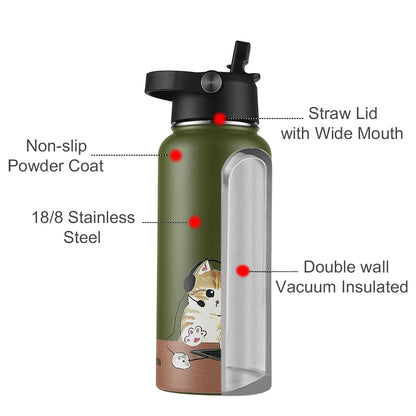 Funkrin Insulated Water Bottle with Straw Lid & Spout Lid, 32oz Personalized Vacuum Stainless Steel Travel Mug, Leak Proof Double Wall Bottle for Hot & Cold Beverages