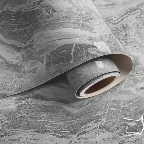 VaryPaper 15.7''x78.7'' Glossy Silver Grey Marble Contact Paper for Countertops Waterproof Peel and Stick Wallpaper Marble Vinyl Wrap for Cabinets Table Desk Removable Self Adhesive Granite Wall Paper
