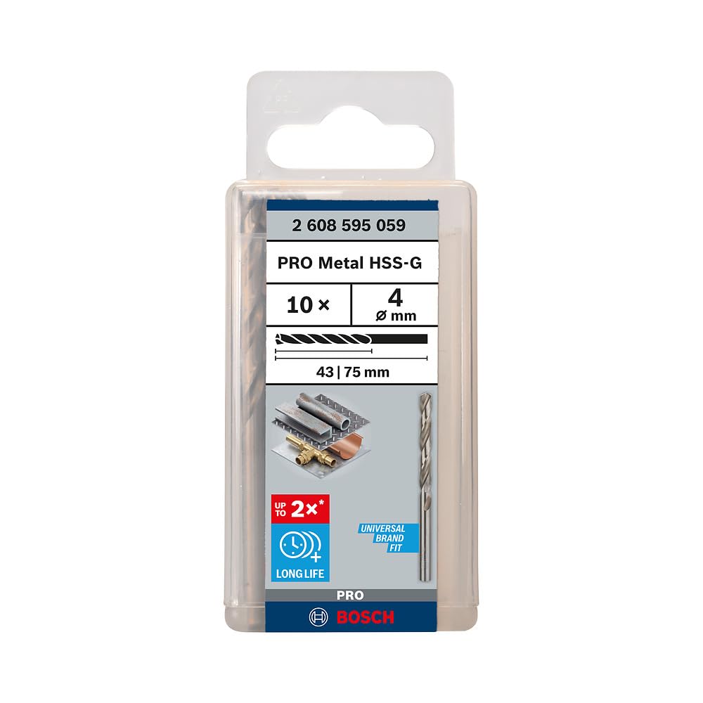 Bosch 10x PRO Metal HSS-G Twist Drill Bit Standard Length (for Non-ferrous metals, Steel, Ø 4,00 mm, Professional Accessory Rotary Drill/Drivers)