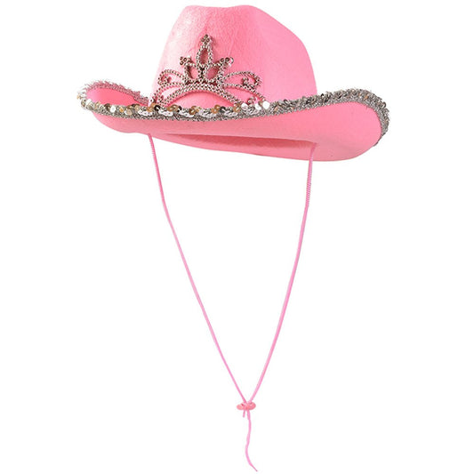 Funny Party Hats - Pink Cowgirl Hat With Blinking Tiara - Childrens Party Hat - Girls Cowboy Hat - Rodeo Princess - Texas Rancher Style - Halloween & Birthday Fun