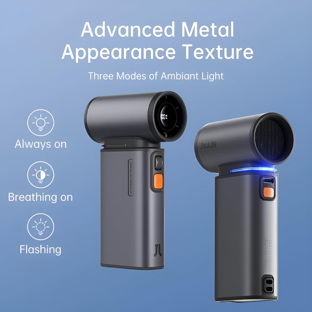 JISULIFE Portable Handheld Turbo Fan, 100 Speeds Adjustable Mini Personal Fan, 9000mAh USB Rechargeable Battery Operated, LED Display, Metal Shell with Accessories Gifts for Men Women Travel- Grey