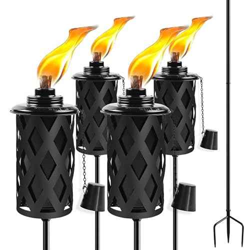 Citronella Torches for Outside Set of 4, 16 Oz Outdoor Torches with 3-Prong Grounded Stake, 59 Inch Metal Torch for Garden D?cor, Outside Torches for Backyard, Garden, Patio (Black